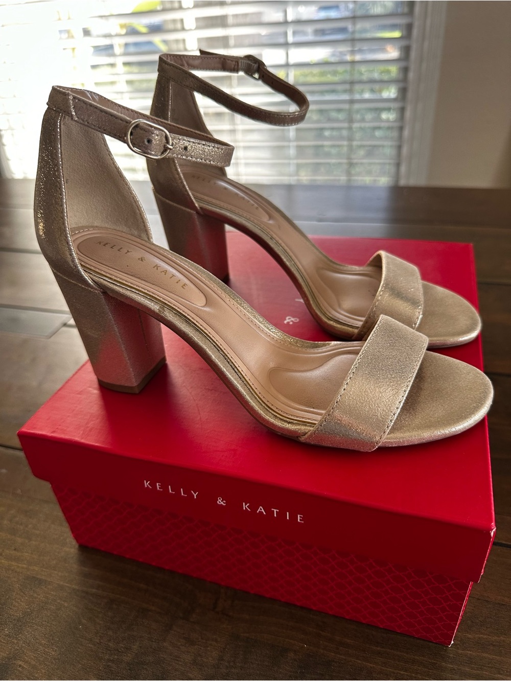Kelly & Katie Metallic Champagne Ankle Strap Block Heels